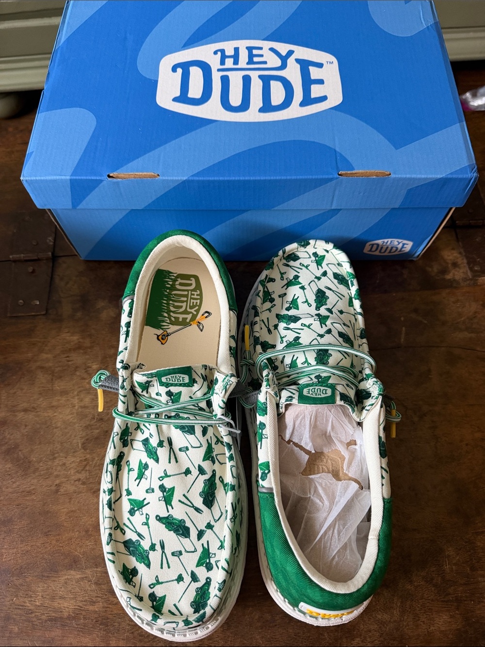 Hey Dude Wally Funk Lawn Dad White Canvas Sneakers with Green Pattern